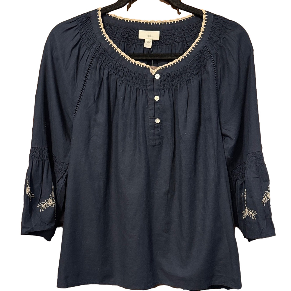 J. Jill Blue Peasant Bell 3/4 Sleeve Blouse with Floral Embroidery NWT